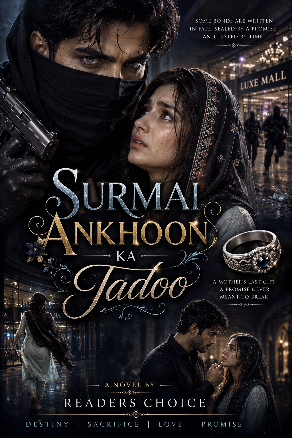 Surmai Ankhoon Ka Jadoo Novel Cover, Readers Choice Urdu Romantic Novel, Kidnapping Based Family Story