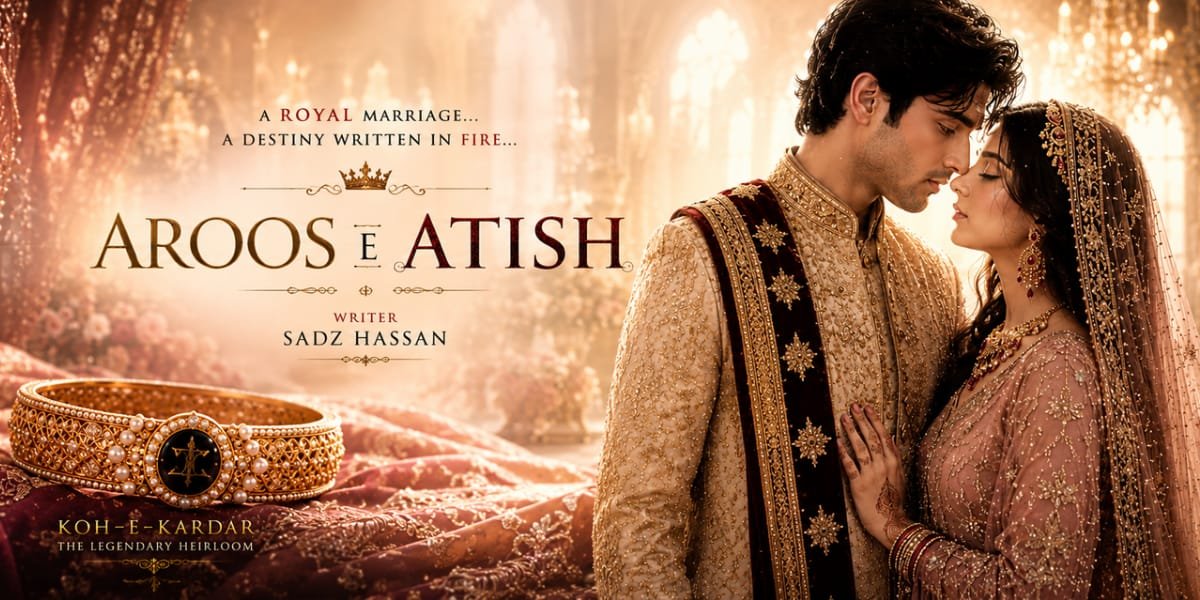 Aroos e Atish novel by Sadz Hassan featuring a royal wedding couple and the legendary Koh-e-Kardar heirloom bracelet