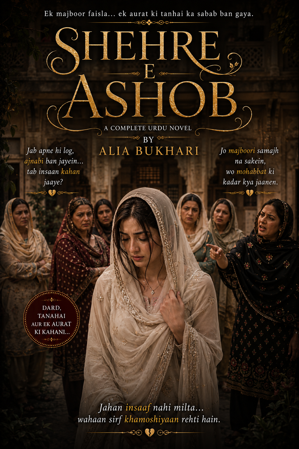 Shehre E Ashob By Alia Bukhari emotional Urdu novel cover featuring widow remarriage and family drama